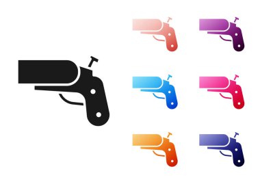 Siyah işaret fişeği tabancası beyaz arka planda izole edilmiş bir ikon sinyali veriyor. Acil ateş, hedef duman. Turuncu 911 fırlatıcısı. Simgeleri renklendirin. Vektör İllüstrasyonu