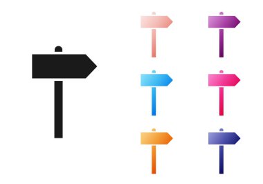 Siyah Yol trafik tabelası. Beyaz arkaplanda sinyal simgesi izole edildi. İşaretçi sembolü. Sokak bilgi tabelası. Yön tabelası. Simgeleri renklendirin. Vektör İllüstrasyonu