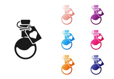 Beyaz arka planda izole edilmiş aşk ikonu ikonu olan siyah şişe. Sevgililer Günü sembolü. Simgeleri renklendirin. Vektör İllüstrasyonu