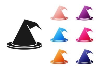 Siyah Cadı şapkası simgesi beyaz arkaplanda izole edildi. Mutlu Cadılar Bayramı Partisi. Simgeleri renklendirin. Vektör İllüstrasyonu