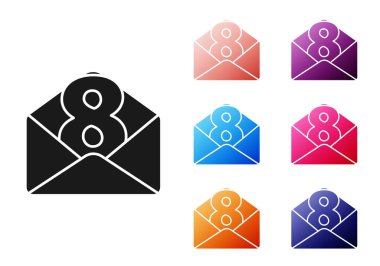 Beyaz zemin üzerinde 8 Mart simgesi bulunan Siyah Zarf. Mesaj aşkım. Aşk ve romantizm mektubu. Uluslararası Mutlu Kadınlar Günü. Simgeleri renklendirin. Vektör İllüstrasyonu