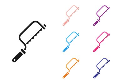 Siyah Demir Testere simgesi beyaz arkaplanda izole edildi. Tahta ve metal testeresi. Simgeleri renklendirin. Vektör İllüstrasyonu