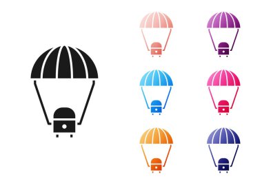 Siyah uzay kapsülü beyaz zemin üzerinde izole edilmiş paraşüt ikonu ile dünyaya dönüyor. Simgeleri renklendirin. Vektör İllüstrasyonu