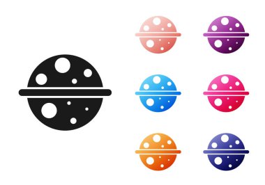 Siyah Gezegen Satürn 'ün beyaz arka planda izole edilmiş gezegen halka ikonu. Simgeleri renklendirin. Vektör İllüstrasyonu