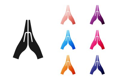 Siyah Eller dua pozisyonunda beyaz arka planda izole edilmiş bir simge. Tanrı 'ya inanç ve umutla dua edin. Simgeleri renklendirin. Vektör İllüstrasyonu