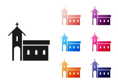 Siyah Kilise bina simgesi beyaz arka plan üzerinde izole. Hıristiyan Kilisesi. Kilise dini. Simgeleri renkli ayarlayın. Vektör İllüstrasyonu