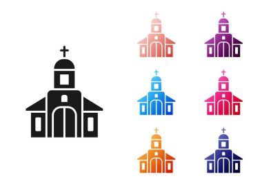 Siyah Kilise bina simgesi beyaz arka plan üzerinde izole. Hıristiyan Kilisesi. Kilise dini. Simgeleri renkli ayarlayın. Vektör İllüstrasyonu