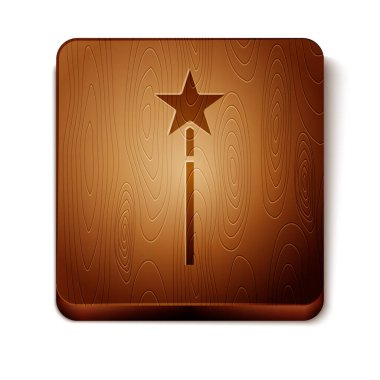 Beyaz arka planda izole Brown Magic değnek simgesi. Yıldız şekli sihirli aksesuarı. Büyülü güç. Ahşap kare düğme. Vektör Illustration