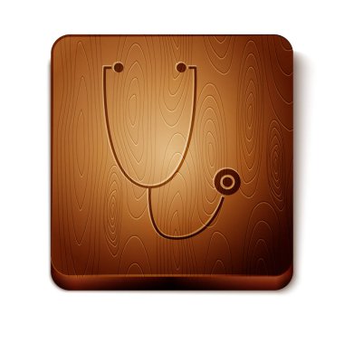 Kahverengi steteskop tıbbi araç simgesi beyaz arka planda izole edildi. Tahta kare düğme. Vektör İllüstrasyonu