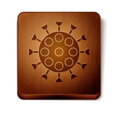 Kahverengi virüs simgesi beyaz arkaplanda izole edildi. Corona virüsü 2019-nCoV. Bakteri ve mikroplar, hücre kanseri, mikrop, mantar. Tahta kare düğme. Vektör İllüstrasyonu