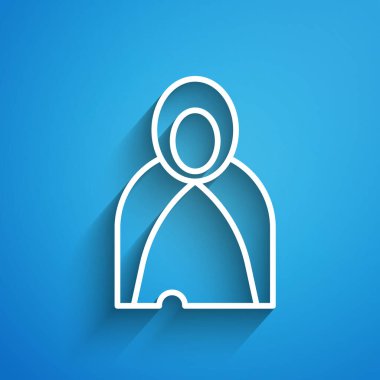 Beyaz çizgi Mantle, pelerin, pelerin ikonu mavi arka planda izole edildi. Büyücünün sihirli pelerini, Cadılar Bayramı tasarımı için büyücü ve cadı. Uzun gölge. Vektör İllüstrasyonu