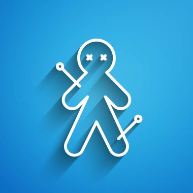 Mavi arka planda beyaz çizgi Voodoo bebek ikonu izole edildi. Uzun gölge. Vektör İllüstrasyonu