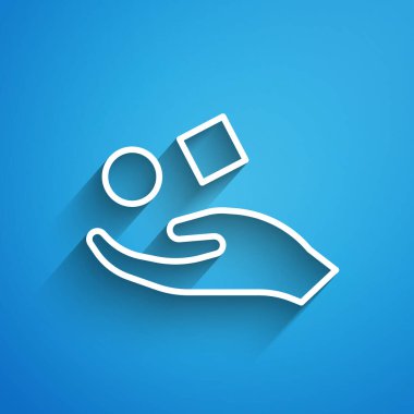 Mavi arka planda beyaz çizgi küpünün el simgesinin üzerinde yükselmesi. Havalanma sembolü. Uzun gölge. Vektör İllüstrasyonu