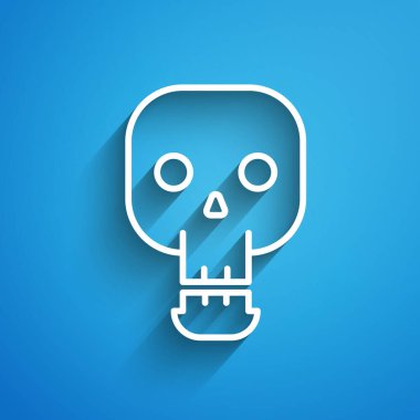 Beyaz çizgi Skull simgesi mavi arkaplanda izole edildi. Mutlu Cadılar Bayramı Partisi. Uzun gölge. Vektör İllüstrasyonu