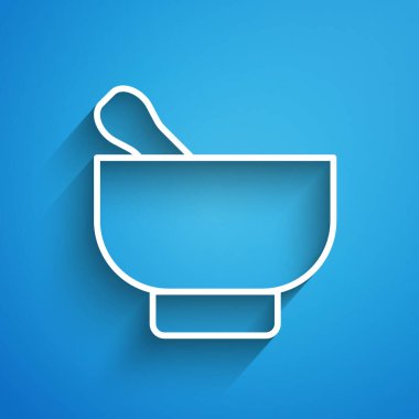 Beyaz çizgi Sihirli havan topu ve tokmak ikonu mavi arkaplanda izole edildi. Uzun gölge. Vektör İllüstrasyonu