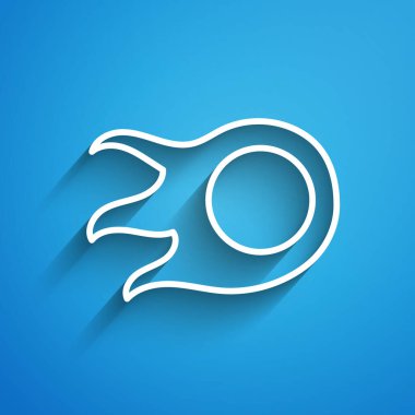 Beyaz çizgi Ateş Topu simgesi mavi arkaplanda izole edildi. Uzun gölge. Vektör İllüstrasyonu