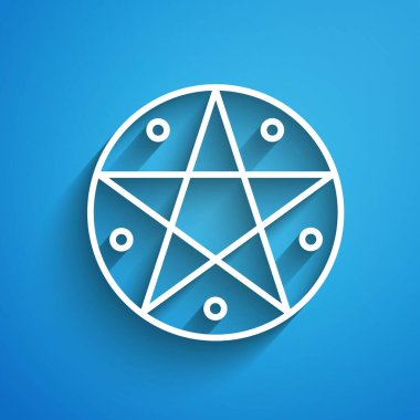 Mavi arkaplanda izole edilmiş bir daire simgesinde beyaz çizgi pentagram. Sihirli okült yıldız sembolü. Uzun gölge. Vektör İllüstrasyonu