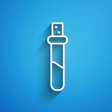 Mavi zemin üzerinde aşk iksiri olan beyaz çizgi şişesi. Sevgililer Günü sembolü. Uzun gölge. Vektör İllüstrasyonu