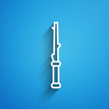 Beyaz çizgi sihirli değnek ikonu mavi arkaplanda izole edildi. Yıldız şeklinde sihirli aksesuar. Sihirli güç. Uzun gölge. Vektör İllüstrasyonu