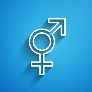 Mavi arkaplanda beyaz çizgi cinsiyet simgesi izole edildi. Erkek ve kadın sembolleri. Seks sembolü. Uzun gölge. Vektör İllüstrasyonu