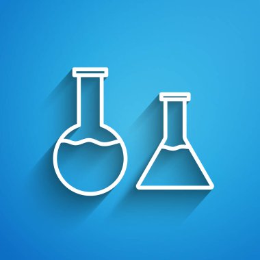 Mavi arka planda beyaz çizgi test tüpü ve matara simgesi izole edildi. Kimyasal laboratuvar testi. Laboratuvar camları. Uzun gölge. Vektör İllüstrasyonu