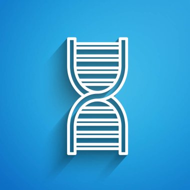 Mavi arkaplanda beyaz çizgi DNA sembolü izole edilmiş. Uzun gölge. Vektör İllüstrasyonu