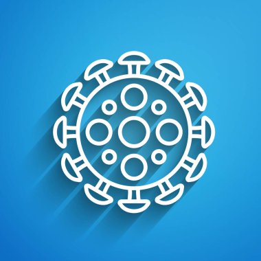 Beyaz çizgi Virüs simgesi mavi arkaplanda izole edildi. Corona virüsü 2019-nCoV. Bakteri ve mikroplar, hücre kanseri, mikrop, mantar. Uzun gölge. Vektör İllüstrasyonu