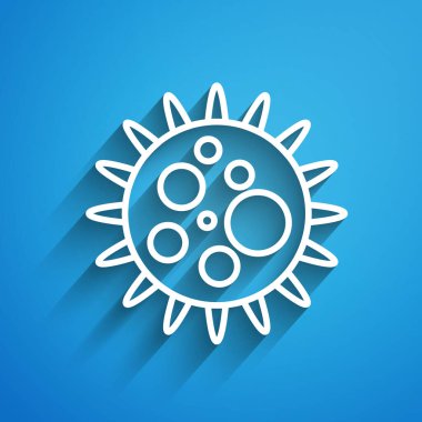 Beyaz çizgi Virüs simgesi mavi arkaplanda izole edildi. Corona virüsü 2019-nCoV. Bakteri ve mikroplar, hücre kanseri, mikrop, mantar. Uzun gölge. Vektör İllüstrasyonu
