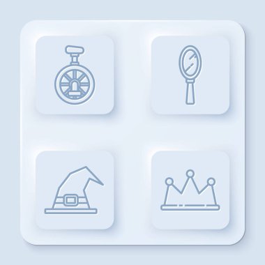 Hattı ayarla, tek tekerlekli bisiklet, sihirli el aynası, cadı şapkası ve taç. Beyaz kare düğme. Vektör