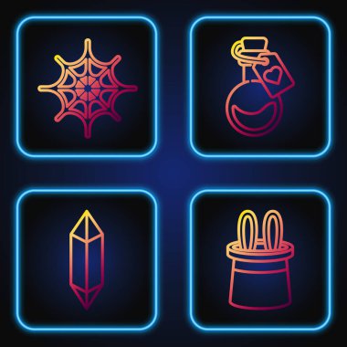 Sihirbaz şapkası ve tavşan kulakları, Sihirli taş, Örümcek ağı ve aşk iksirli şişe. Renk simgeleri. Vektör