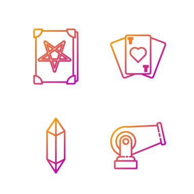 Set Cannon, Magic Stone, Ancient Magic Book ve Oyun kartları. Renk simgeleri. Vektör