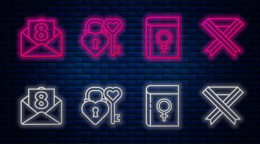 Kalbini ve anahtarını kalbe göre ayarla, kadınlar hakkında kitap, 8 Mart 'lı zarf ve göğüs kanseri farkındalığı kurdelesi. Tuğla duvarda parlayan neon simgesi. Vektör