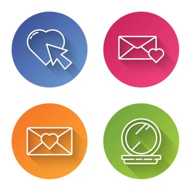 Kalp ve imleç tıkırtısını, Zarfı 8 Mart 'ı, Zarfı 8 Mart' ı ve makyaj tozunu aynayla ayarla. Renkli daire düğmesi. Vektör