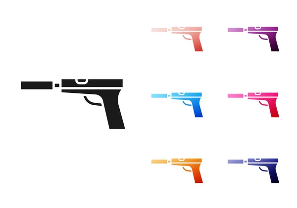 Pistola Pistola Nera Con Icona Silenziatore Isolato Sfondo Bianco Set — Vettoriale Stock