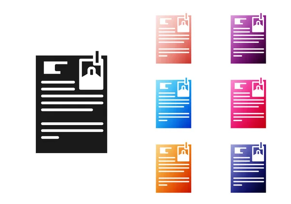 Zwarte Rechtszaak Papieren Pictogram Geïsoleerd Witte Achtergrond Stel Pictogrammen Kleurrijk — Stockvector