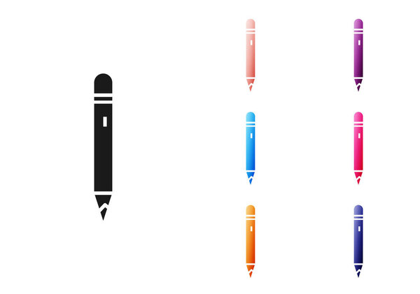 Black Pencil with eraser icon isolated on white background. Drawing and educational tools. School office symbol. Set icons colorful. Vector Illustration