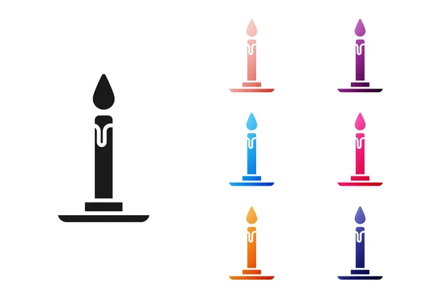 Black Burning Candle Candlestick Icon Isolated White Background Cylindrical Candle — Stock Vector