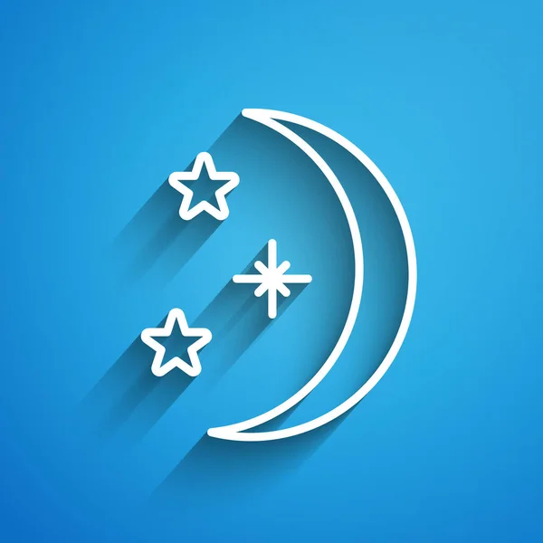 White Line Moon Stars Icon Isolated Blue Background Long Shadow — Stock Vector