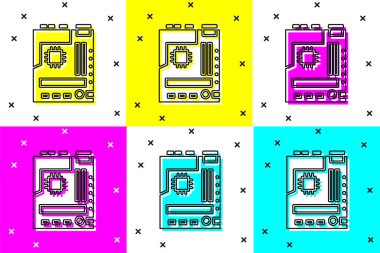 Elektronik bilgisayar bileşenlerini anakart dijital çip entegre bilim simgesini renk arka planında izole et. Devre kartı. Vektör İllüstrasyonu