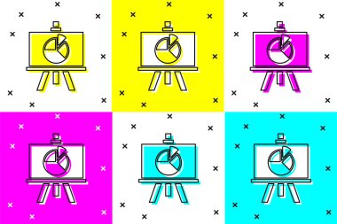 Sunum tahtasını renk arkaplanına izole edilmiş grafik, zamanlama, grafik, diyagram, bilgi grafiği, pasta grafik simgesi ile ayarla. Vektör İllüstrasyonu