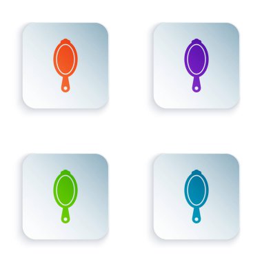 Beyaz arkaplanda izole edilmiş renkli sihirli el aynası ikonu. Kare düğmelere renkli simgeleri yerleştir. Vektör İllüstrasyonu