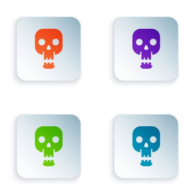 Beyaz arkaplanda izole edilmiş renkli Kurukafa simgesi. Mutlu Cadılar Bayramı Partisi. Kare düğmelere renkli simgeleri yerleştir. Vektör İllüstrasyonu