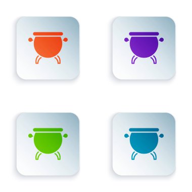 Beyaz arkaplanda renkli cadı kazanı simgesi izole edildi. Mutlu Cadılar Bayramı Partisi. Kare düğmelere renkli simgeleri yerleştir. Vektör İllüstrasyonu