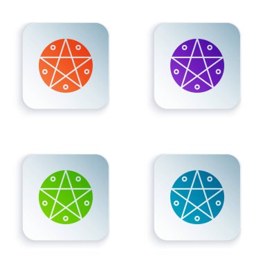 Beyaz arkaplanda izole edilmiş bir daire simgesinde Pentagram rengi. Sihirli okült yıldız sembolü. Kare düğmelere renkli simgeleri yerleştir. Vektör İllüstrasyonu