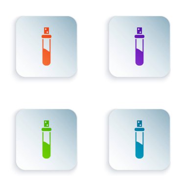 Beyaz arkaplanda izole edilmiş aşk iksiri ikonu olan renk şişesi. Sevgililer Günü sembolü. Kare düğmelere renkli simgeleri yerleştir. Vektör İllüstrasyonu