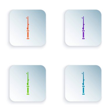 Beyaz arkaplanda izole edilmiş renkli sihirli değnek simgesi. Yıldız şeklinde sihirli aksesuar. Sihirli güç. Kare düğmelere renkli simgeleri yerleştir. Vektör İllüstrasyonu