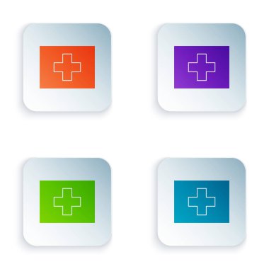 Beyaz arkaplanda izole edilmiş renkli ilk yardım çantası simgesi. Haçlı sağlık kutusu. Acil durumlar için tıbbi ekipman. Sağlık sigortası konsepti. Kare düğmelere renkli simgeleri yerleştir. Vektör İllüstrasyonu