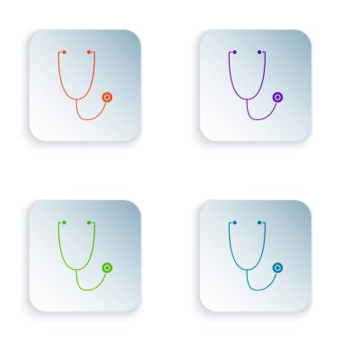 Renkli steteskop tıbbi araç simgesi beyaz arkaplanda izole edildi. Kare düğmelere renkli simgeleri yerleştir. Vektör İllüstrasyonu