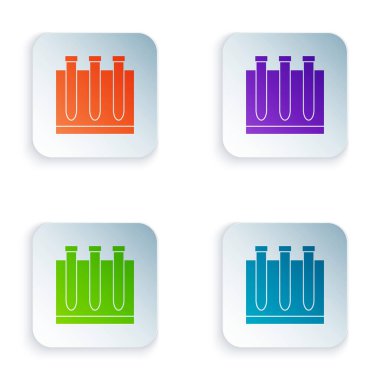Renk Kan testi ve virüs molekülü koronavirüs ikonu beyaz arka planda izole edildi. Coronavirus, COVID-19. 2019-NCoV. Kare düğmelere renkli simgeleri yerleştir. Vektör İllüstrasyonu