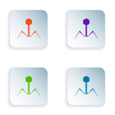 Renk Bakteriyofaj simgesi beyaz arkaplanda izole edildi. Bakteriyel enfeksiyon belirtisi. Mikroskobik mikrop hastalıklara neden olur. Kare düğmelere renkli simgeleri yerleştir. Vektör İllüstrasyonu